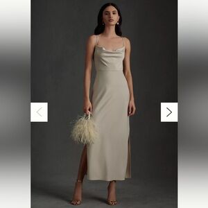 BHLDN Cali Satin Cowl Neck, Midi Slip Dress in Champagne, Size 4
